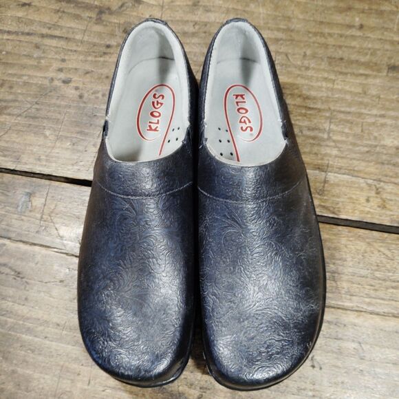 Klogs Sz 11 M Clogs Shoes Black Blue Embossed Leather Comfort Slip On - Picture 3 of 11